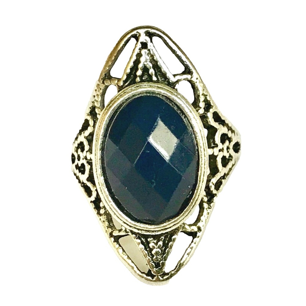 Vtg Silver Tone Boho Art Deco Cocktail Ring Size 6 Simulated Sapphire Blue Stone